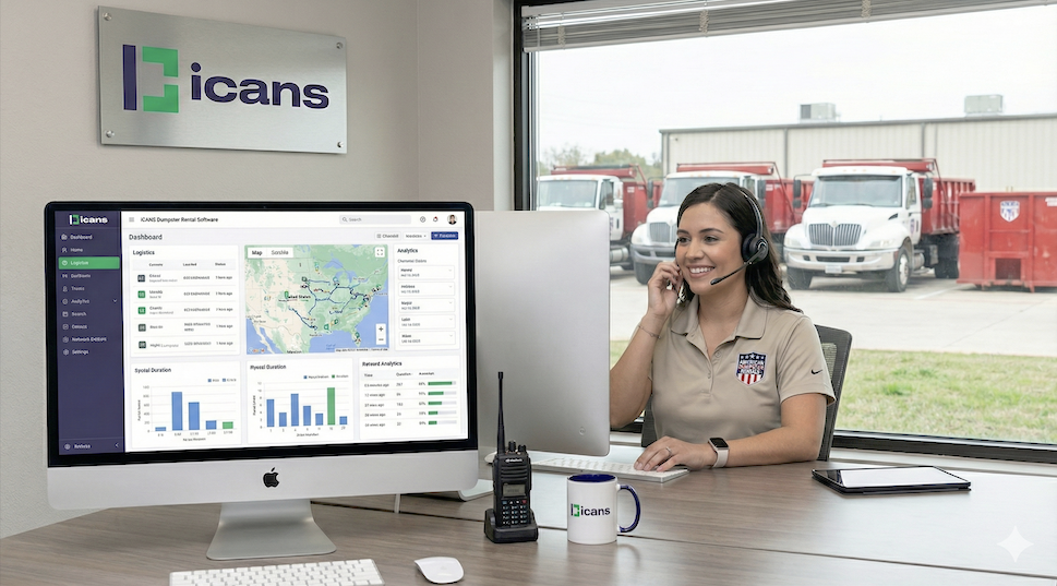iCANS dumpster rental software dashboard used by American AF Dumpsters to manage dispatch and profits