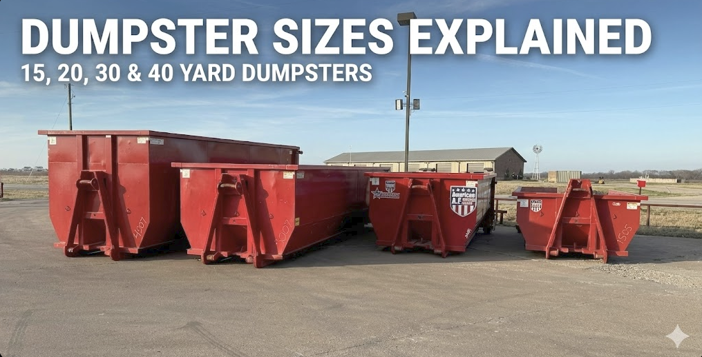 Lineup of 15, 20, 30, and 40 yard roll-off dumpsters showing different dumpster sizes available from American AF Dumpsters in Dallas–Fort Worth